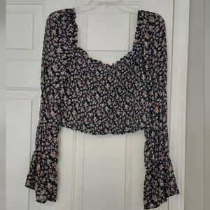 Wild Fable Floral Ruffle Crop Black Smocked Feminine Party Blouse Shirt Sz Large